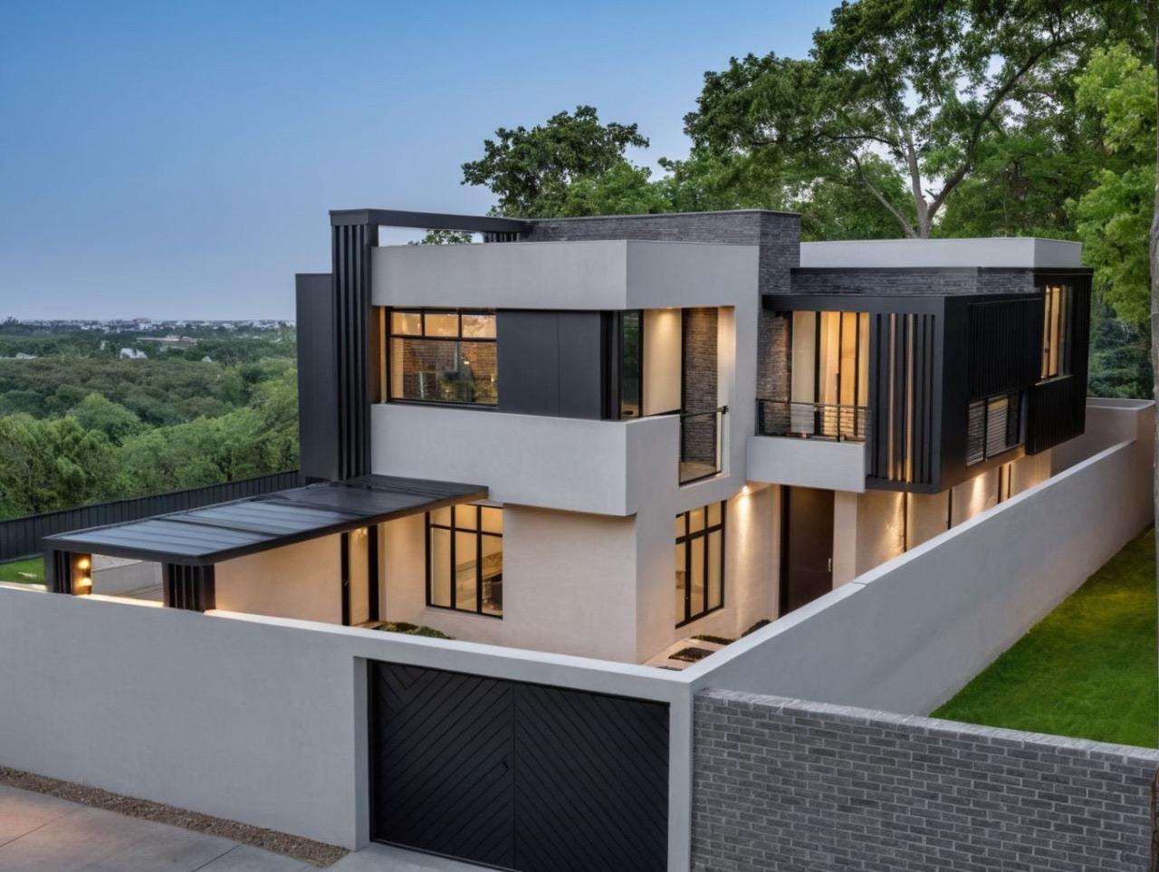 Modern two-storey residence at dusk with warm interior lighting